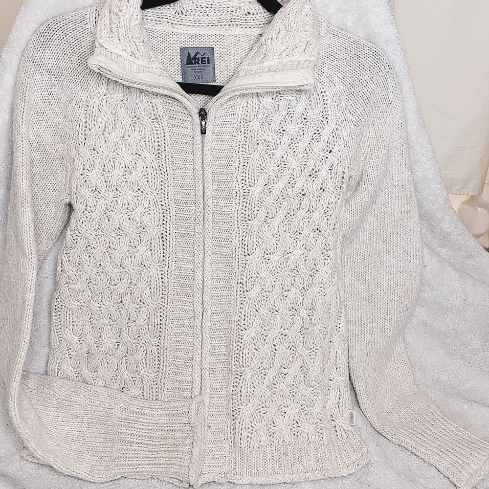 REI Cable Knit Zip Up Cream Sweater